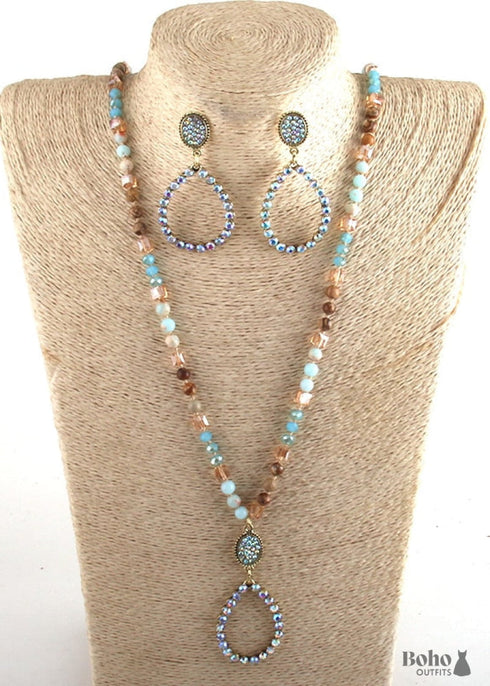 Boho Necklace, Jewelry Set, RH Amazonite Crystal Green Black Natural Stone